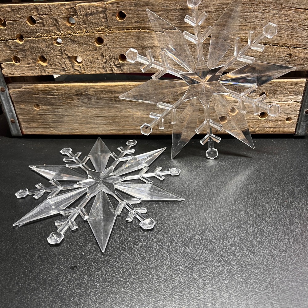 Set of 2 Clear Acrylic Snowflake Ornaments 7.5 Inch Faceted Christmas Decor